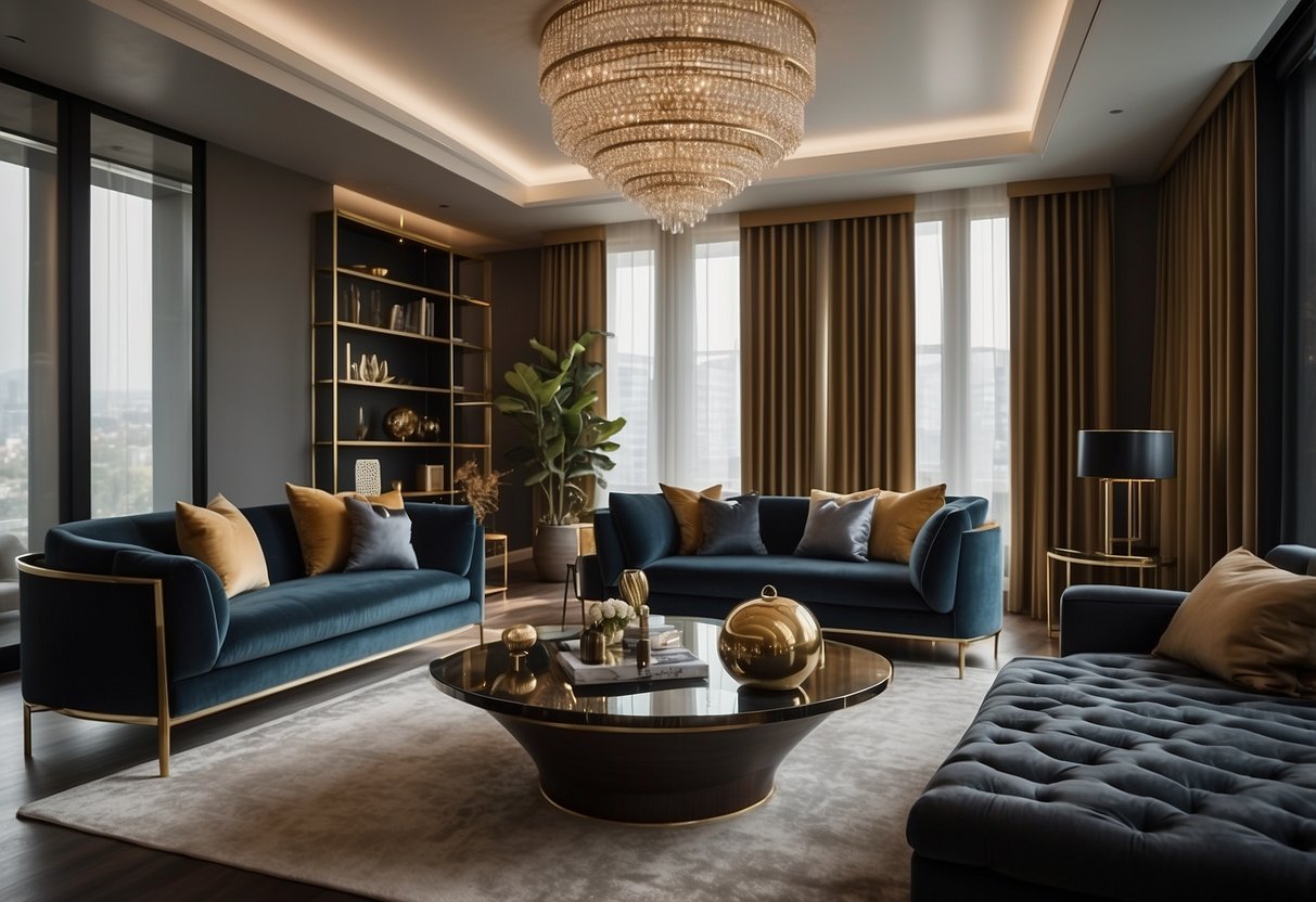 A luxurious living room with modern furniture, elegant lighting, and artful decor. Rich textures and sophisticated color palette create a lavish ambiance