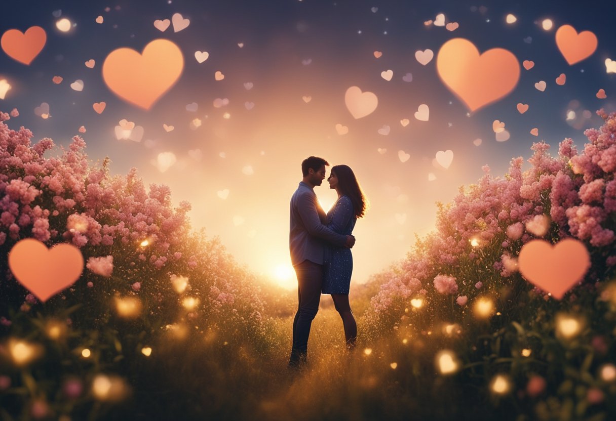 A romantic couple surrounded by hearts and flowers, with a backdrop of a sunset or starry sky. The couple is embracing or holding hands, with a look of love and happiness on their faces