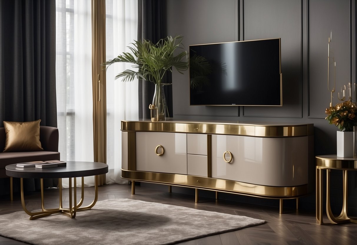 A luxurious Globo Cabinet stands in a modern living room, surrounded by sleek furniture and elegant decor. The cabinet's glossy finish and brass accents add a touch of sophistication to the space