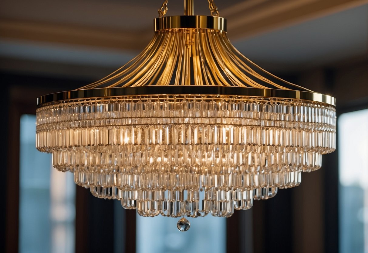 A grand Arteriors Zanadoo Chandelier hangs in a luxurious room, casting a dazzling display of light and shadows across the elegant decor