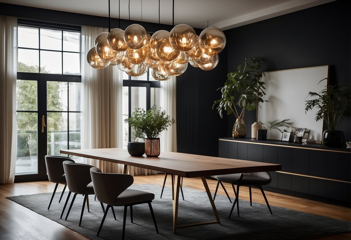 A modern living room with a Tom Dixon Beat Pendant Light hanging above a sleek and stylish dining table, creating a luxurious and high-end home decor atmosphere