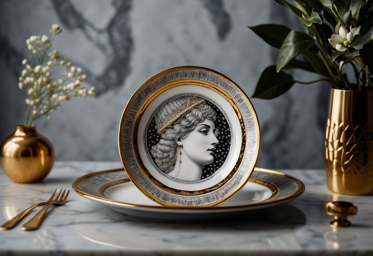 A luxurious Fornasetti plate displayed on a sleek marble tabletop, surrounded by elegant home decor accents and soft, ambient lighting