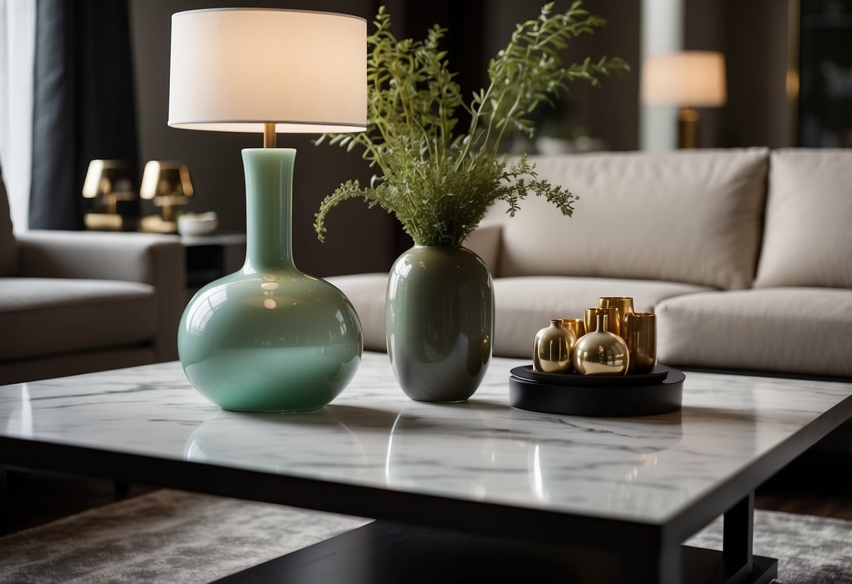 A sleek, modern living room with a Kosta Boda Limelight Vase as the centerpiece on a marble coffee table, surrounded by contemporary furniture and accentuated by soft, ambient lighting