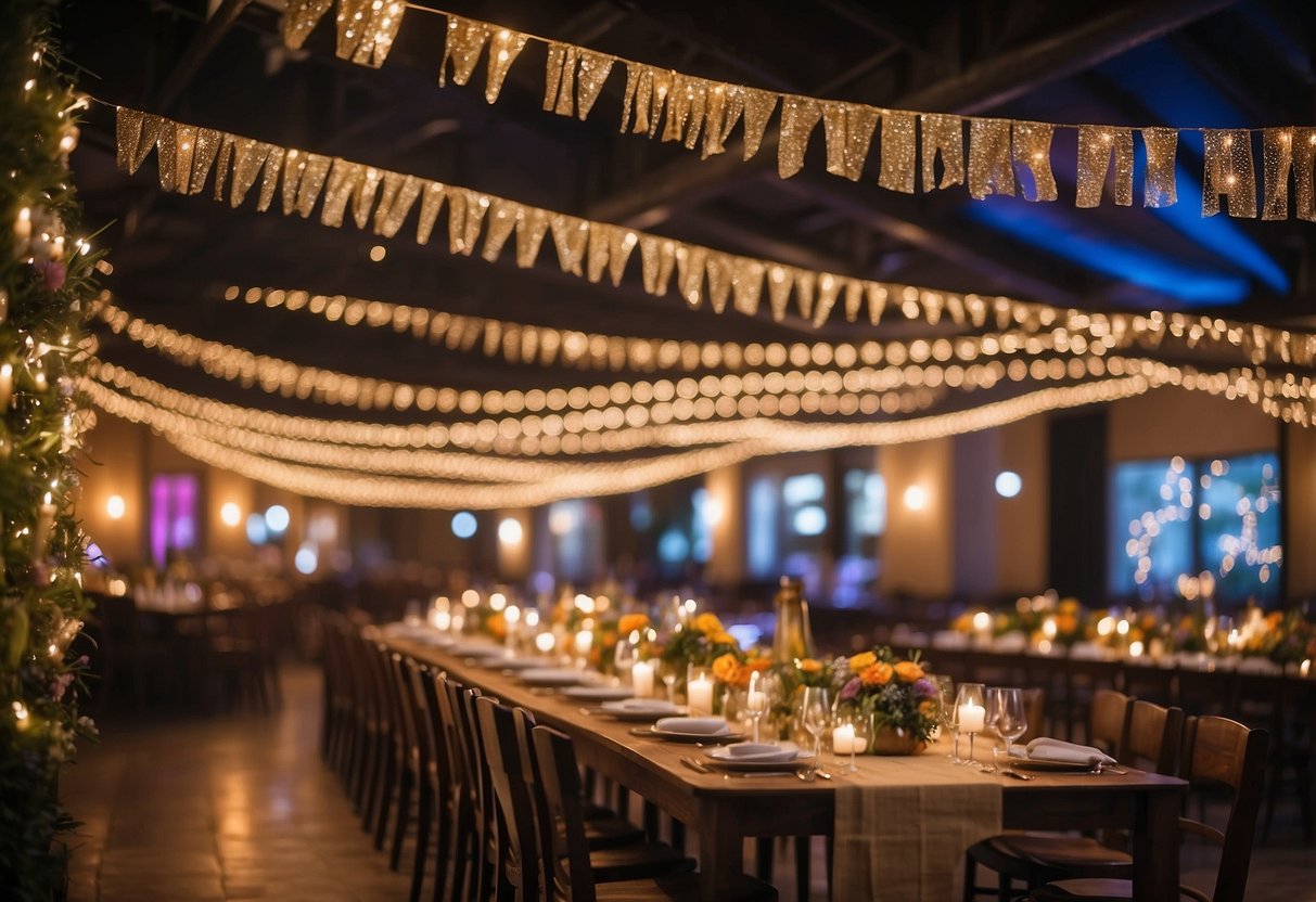 Colorful banners hang from the ceiling, while twinkling fairy lights adorn the walls. Tables are adorned with vibrant centerpieces and sparkling confetti