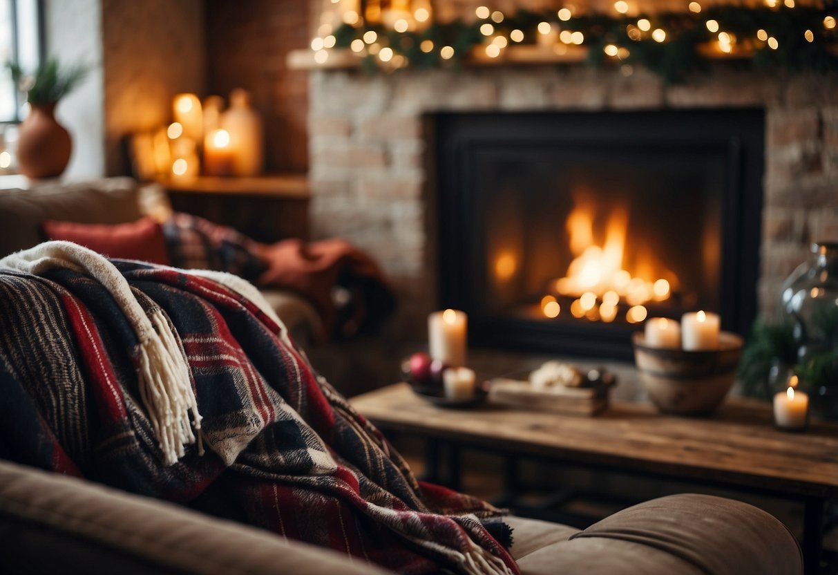 A cozy living room with plaid throw blankets draped over the back of a sofa, next to a crackling fireplace adorned with festive decor