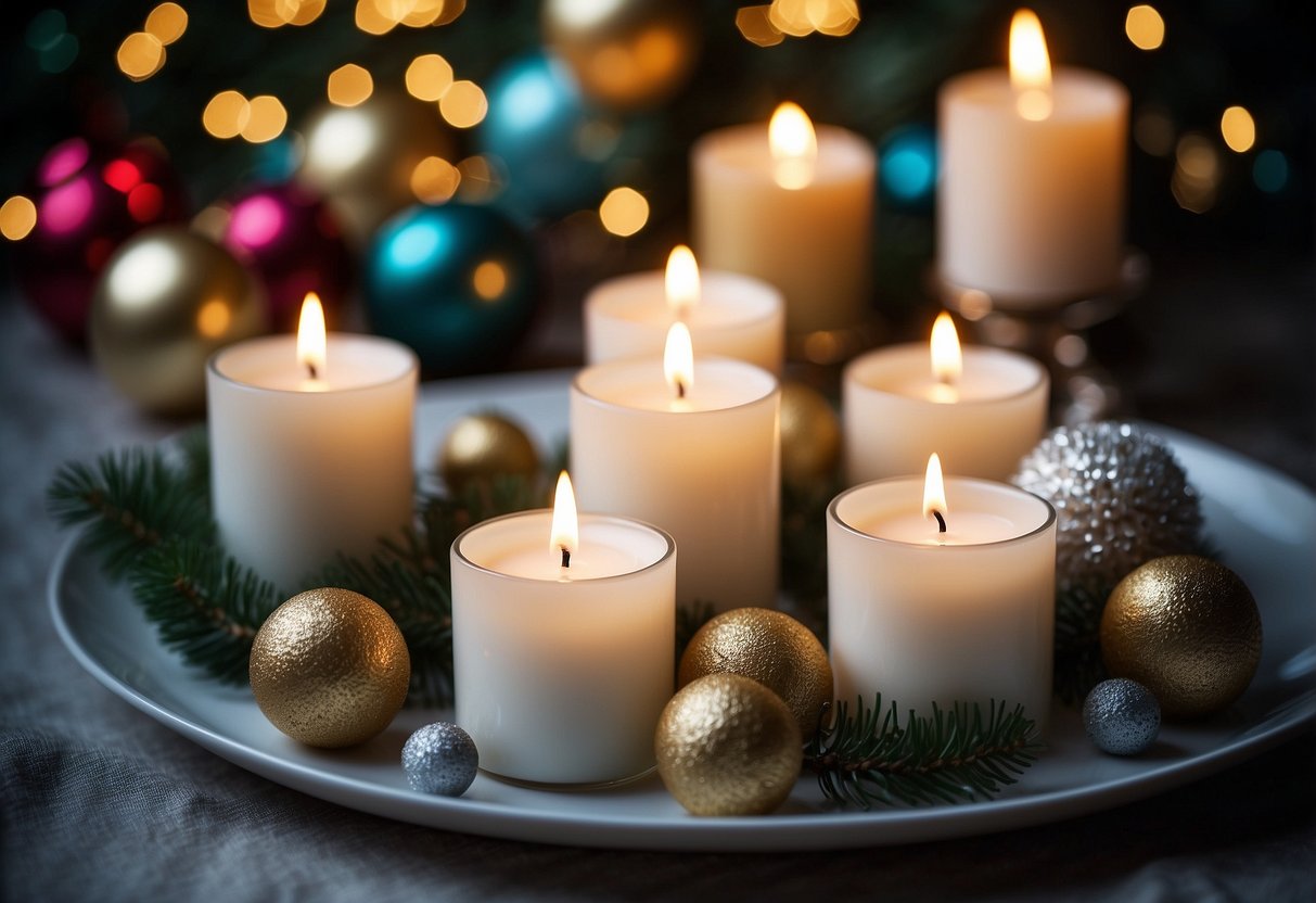 A table adorned with holiday scented candles surrounded by festive decor