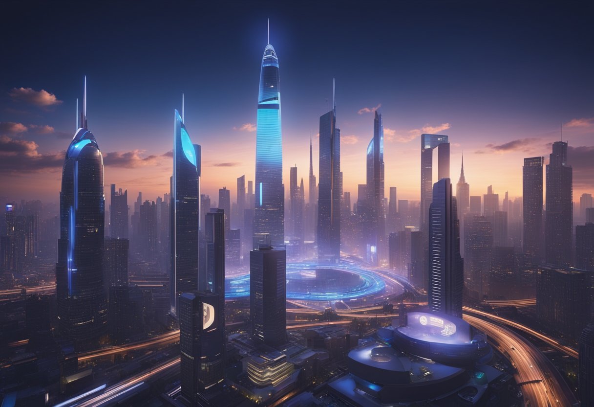 A city skyline at dusk, with futuristic skyscrapers towering over bustling streets. Neon lights and holographic billboards illuminate the scene, while sleek hovercars zoom through the air