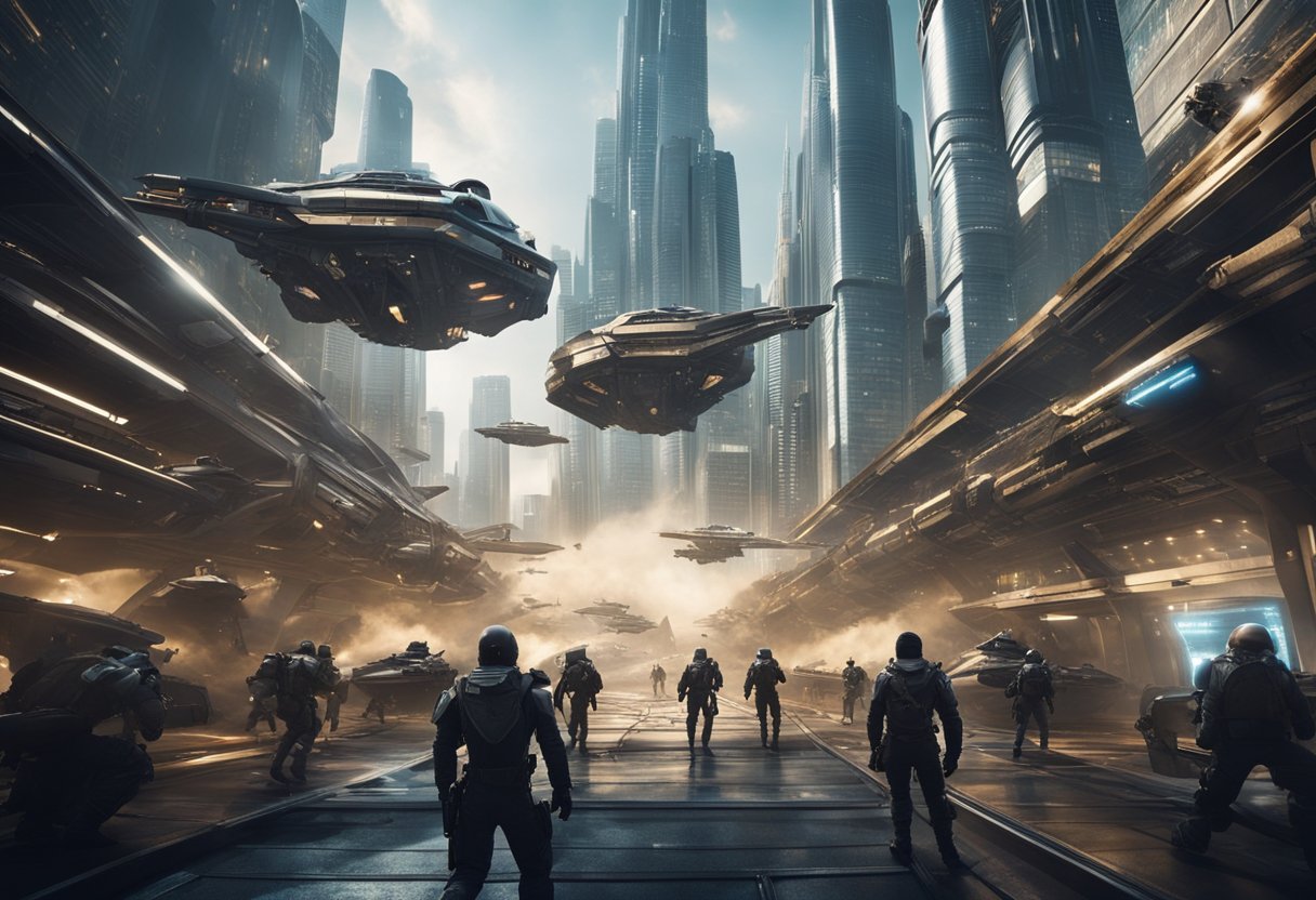 A dramatic action-packed scene set in a futuristic city with towering skyscrapers, flying vehicles, and intense battle sequences between futuristic warriors