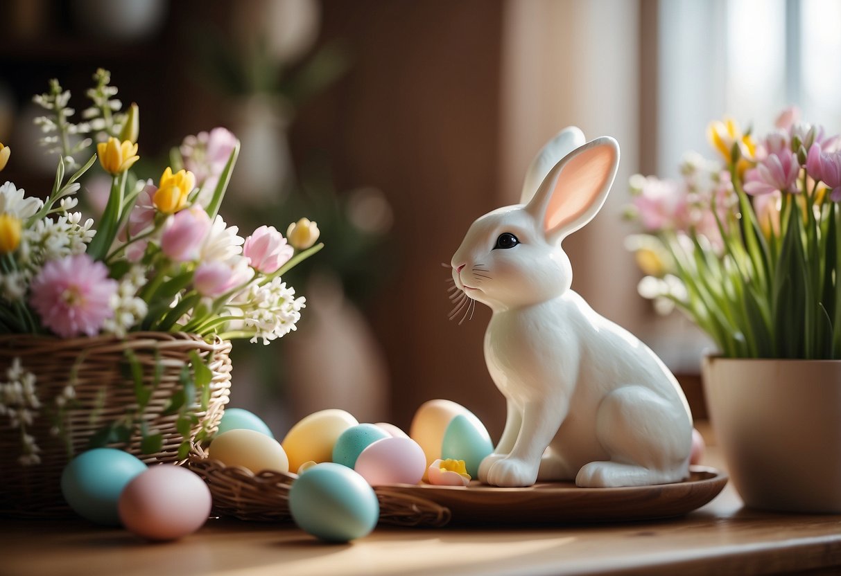 A table with pastel-colored Easter eggs, a floral centerpiece, and a bunny figurine. A wreath with spring flowers hangs on the wall