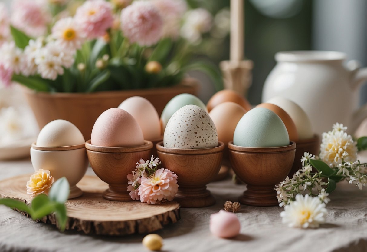 A table adorned with wooden egg ornaments, surrounded by spring flowers and pastel-colored decorations