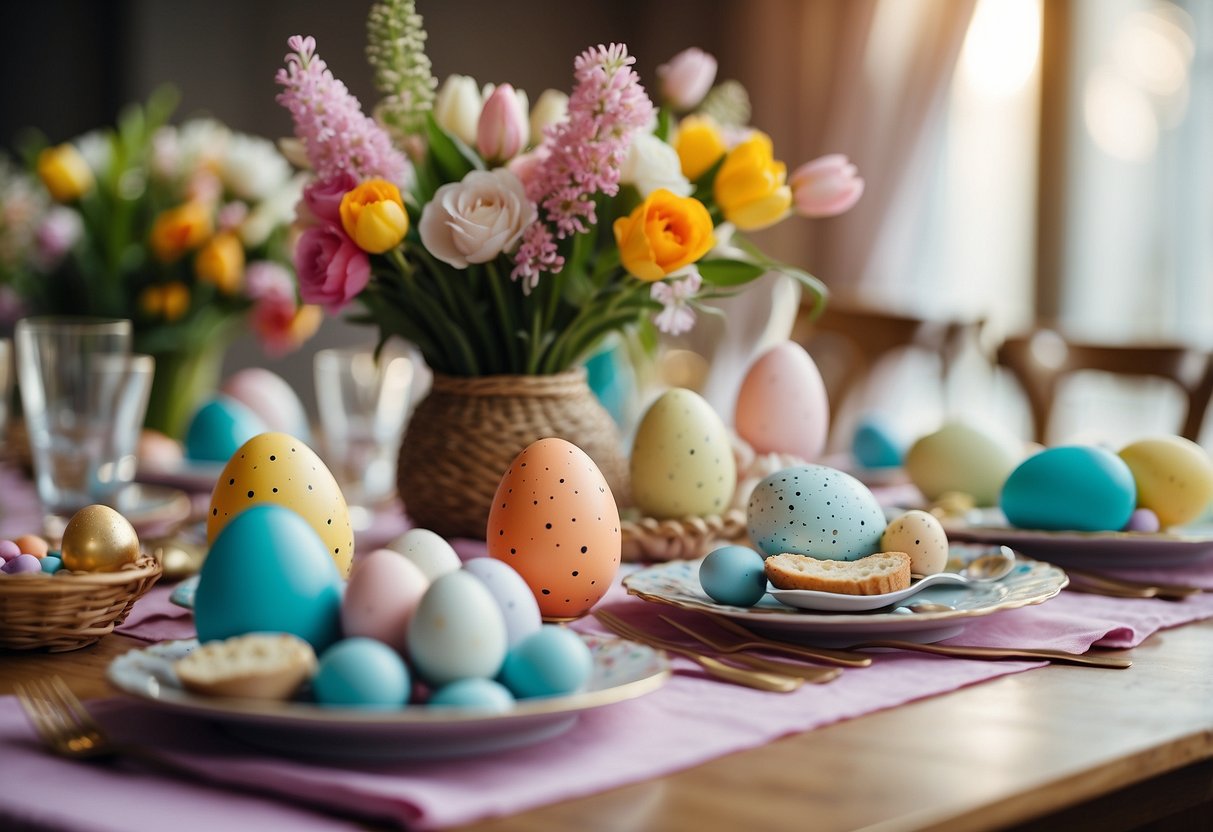 A festive table with vibrant, patterned runners, adorned with Easter-themed decor such as pastel-colored eggs, fresh flowers, and whimsical bunny figurines