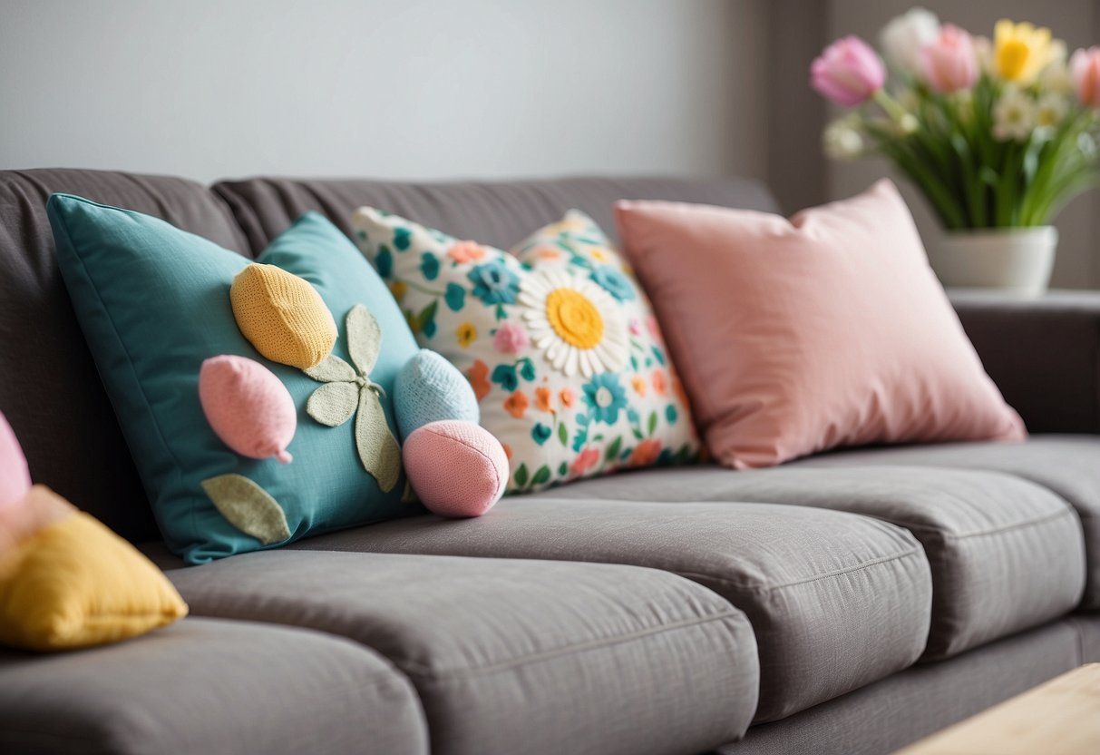 Colorful Easter themed throw pillows arranged on a cozy sofa in a bright living room with spring flowers and pastel decorations