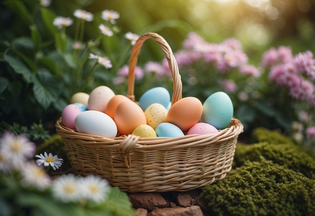 Colorful baskets filled with pastel eggs scattered around a lush garden, with blooming flowers and greenery in the background