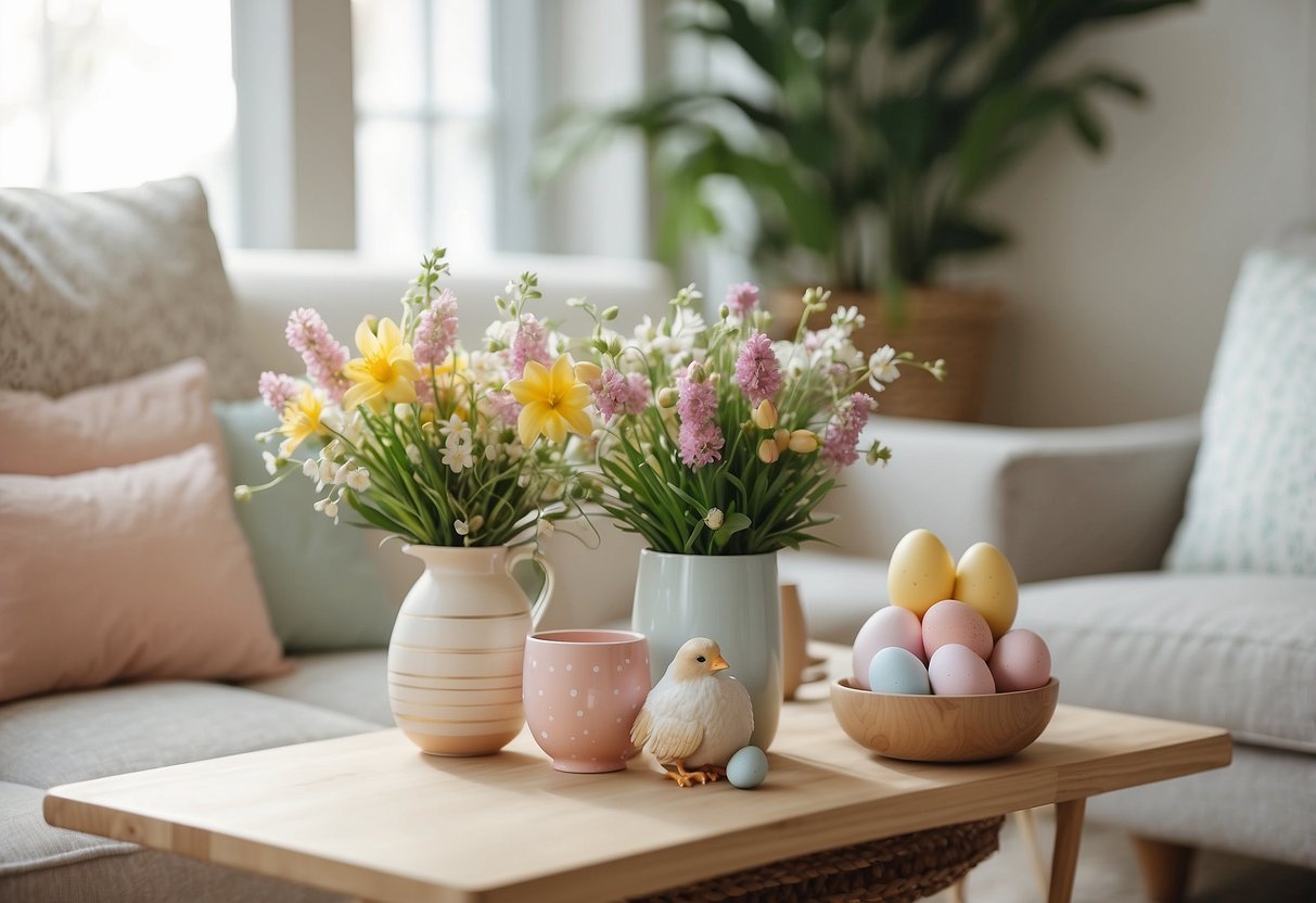 A cozy living room with pastel-colored Easter decorations, including floral arrangements, potted plants, and nature-inspired wall art