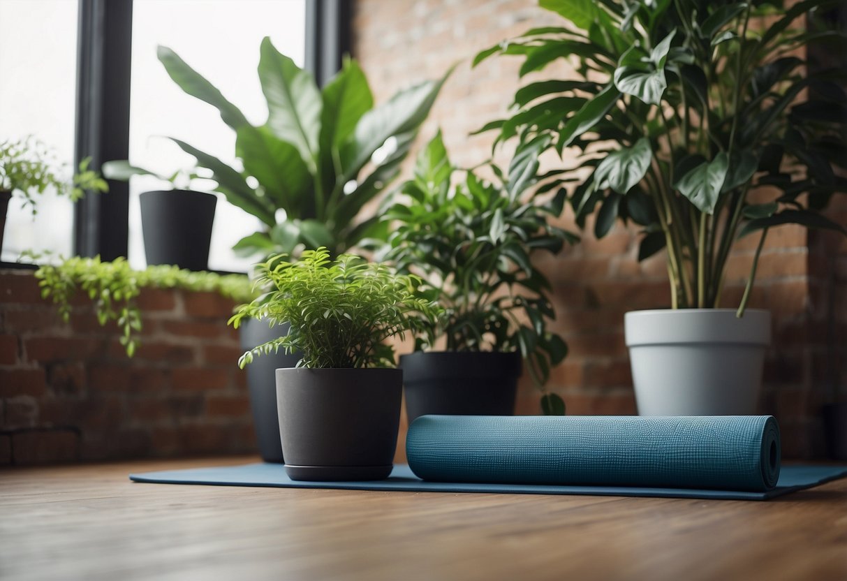 A yoga mat and foam roller next to a large potted plant, with motivational fitness quotes framed on the wall