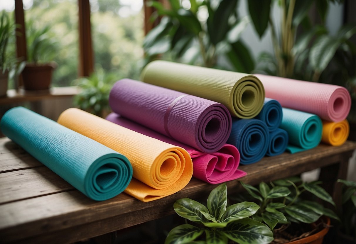 Colorful yoga mats arranged with motivational quotes, surrounded by plants and natural light