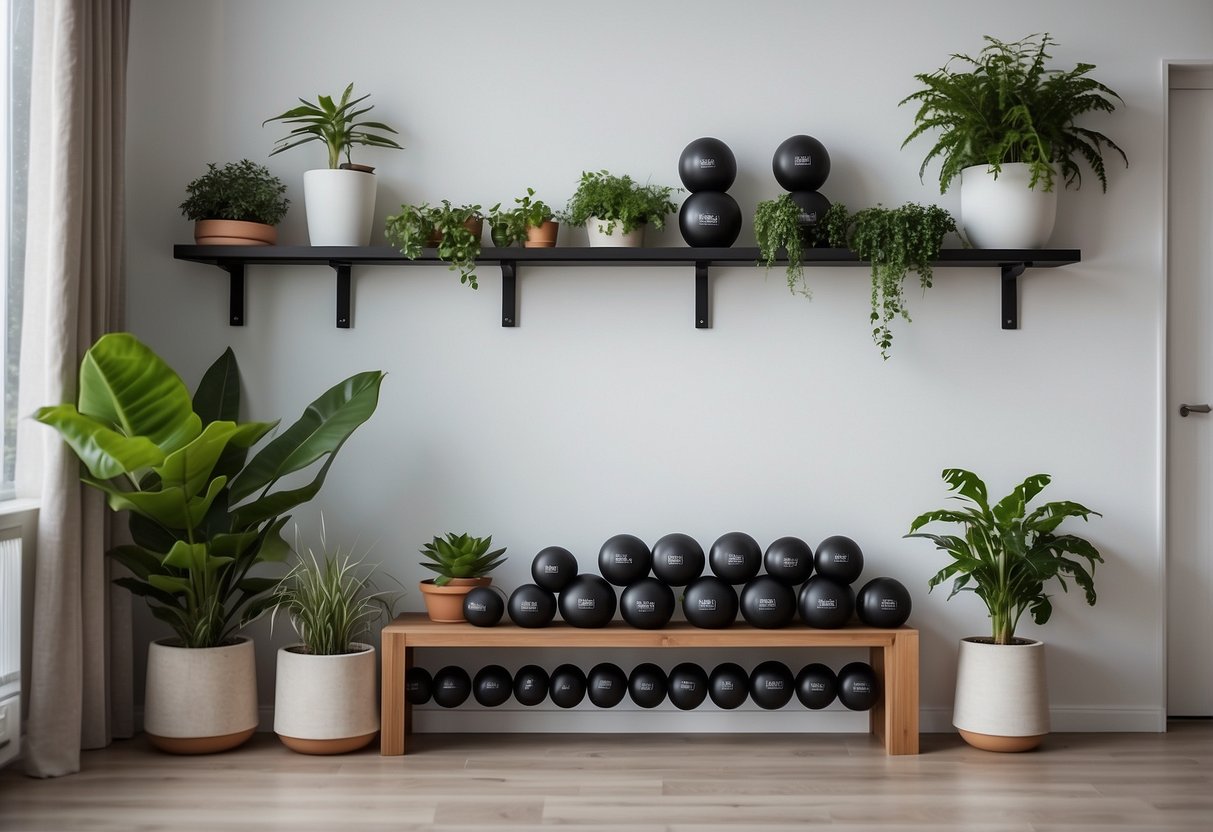 A modern living room with adjustable dumbbells neatly arranged on a sleek, minimalist shelf, surrounded by potted plants and motivational fitness quotes on the wall