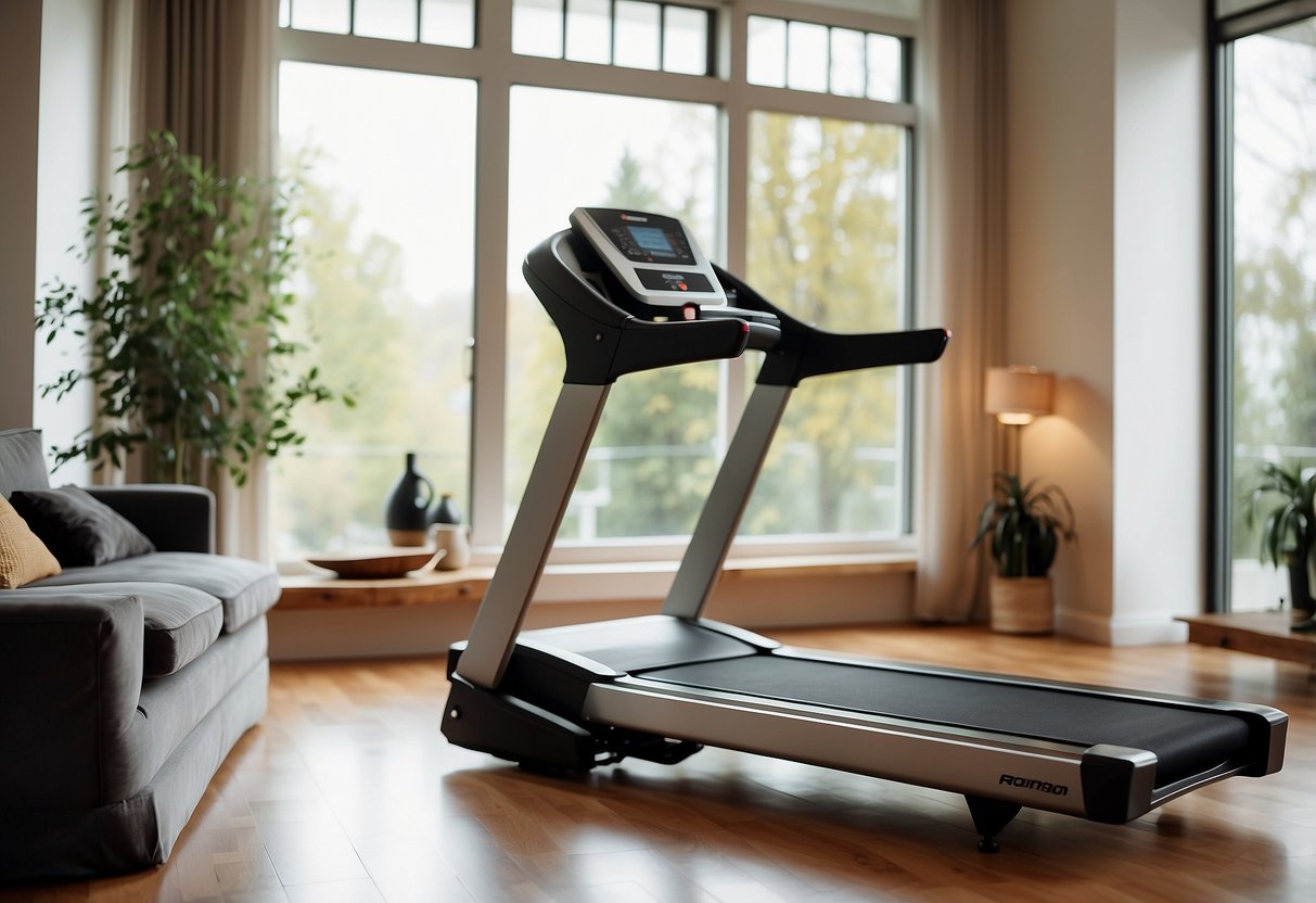 A compact treadmill sits in a stylish living room, surrounded by modern home decor and natural light