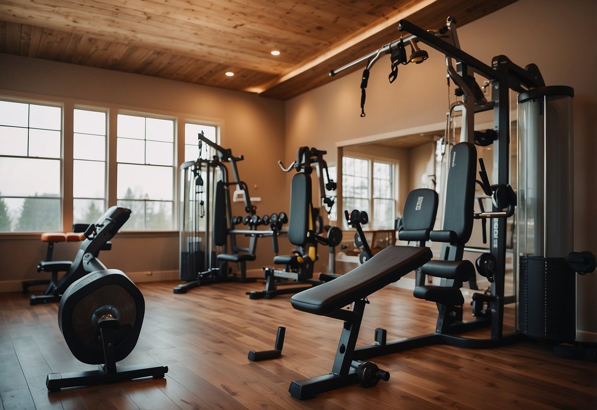 A home gym with motivational fitness quotes and colorful workout equipment on the walls