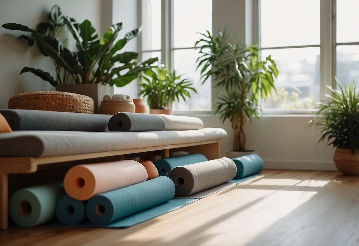 A living room with foam rollers neatly arranged on a shelf, surrounded by plants and yoga mats. Bright natural light streams in through the window, creating a serene and inviting atmosphere