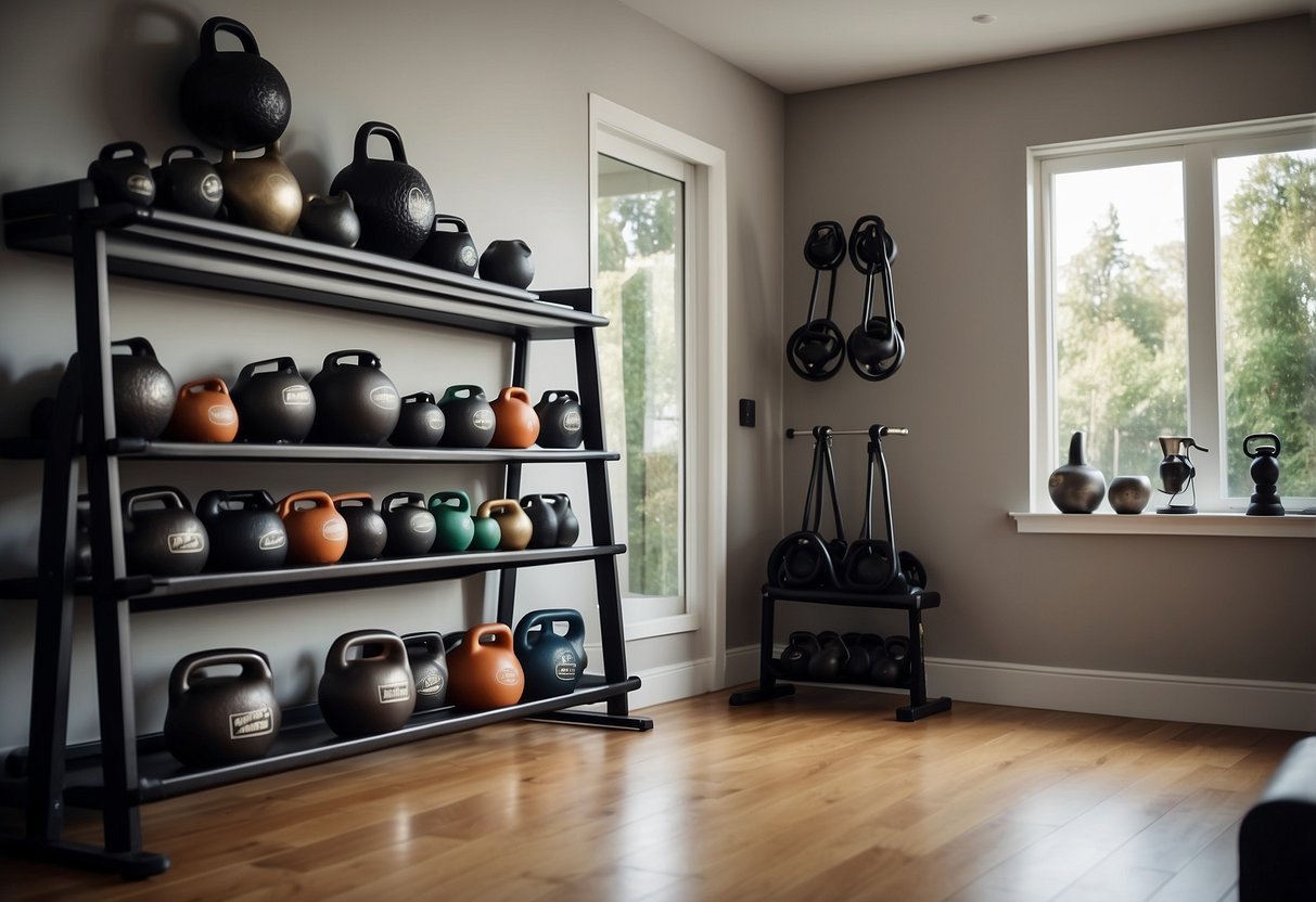 A stylish home gym with a neat arrangement of kettlebells on a sleek, modern shelf