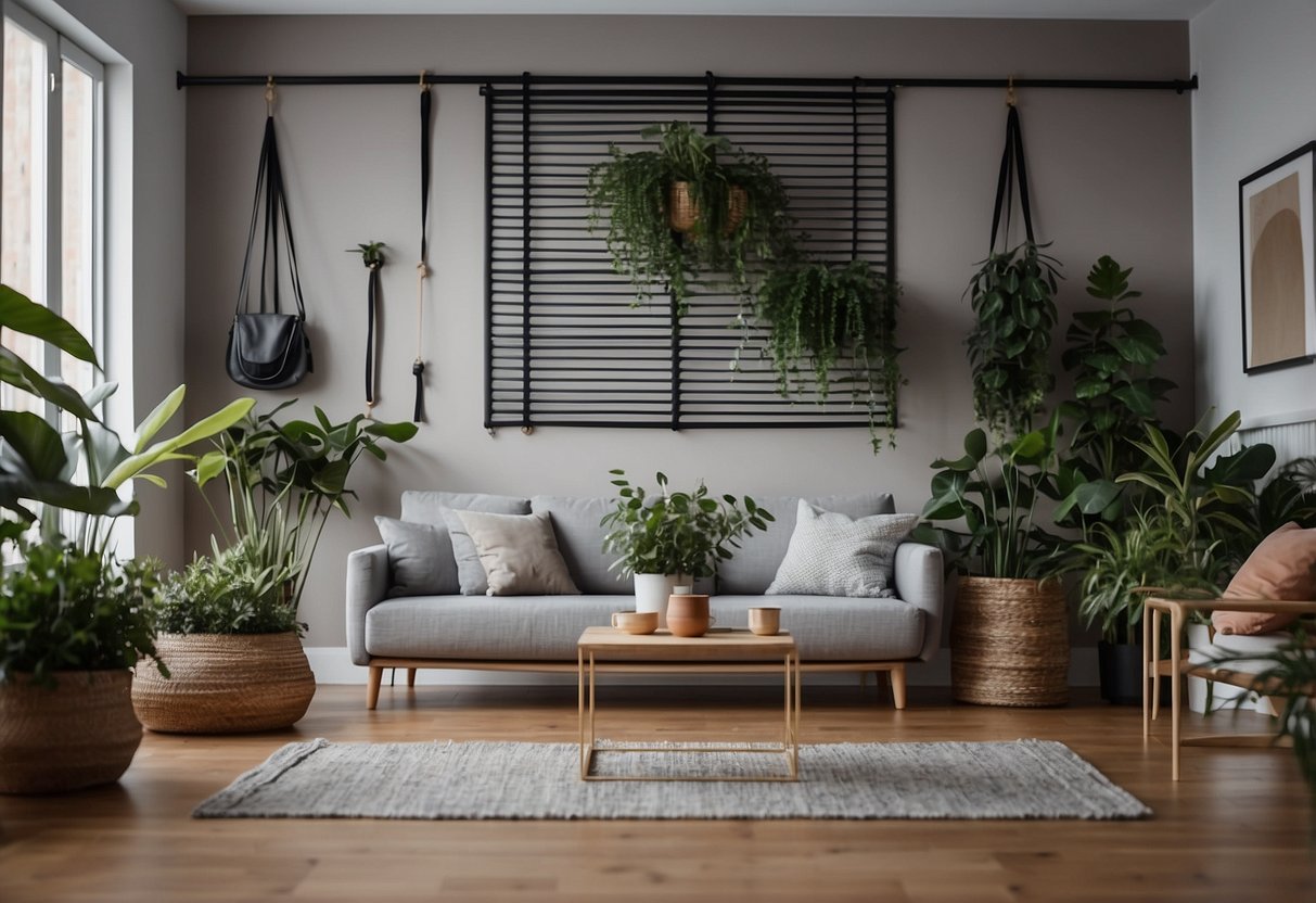 A living room with resistance bands hung on a decorative wall rack. Plants and yoga mats add to the fitness-themed decor