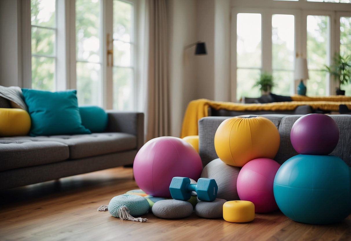 A cozy living room with colorful throw pillows featuring fitness equipment like dumbbells, yoga mats, and exercise balls