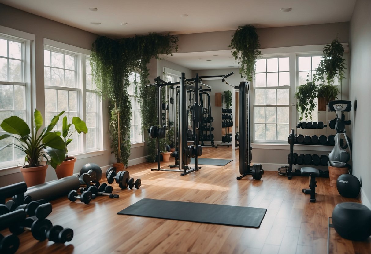 A cozy home gym with a mirrored wall, hanging plants, and motivational quotes on the walls. Dumbbells and yoga mats neatly organized in a corner