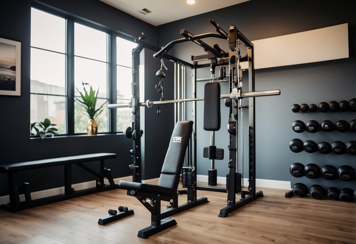 A small home gym with an adjustable dumbbell set on a sleek, modern rack, surrounded by motivational wall decor and vibrant workout accessories