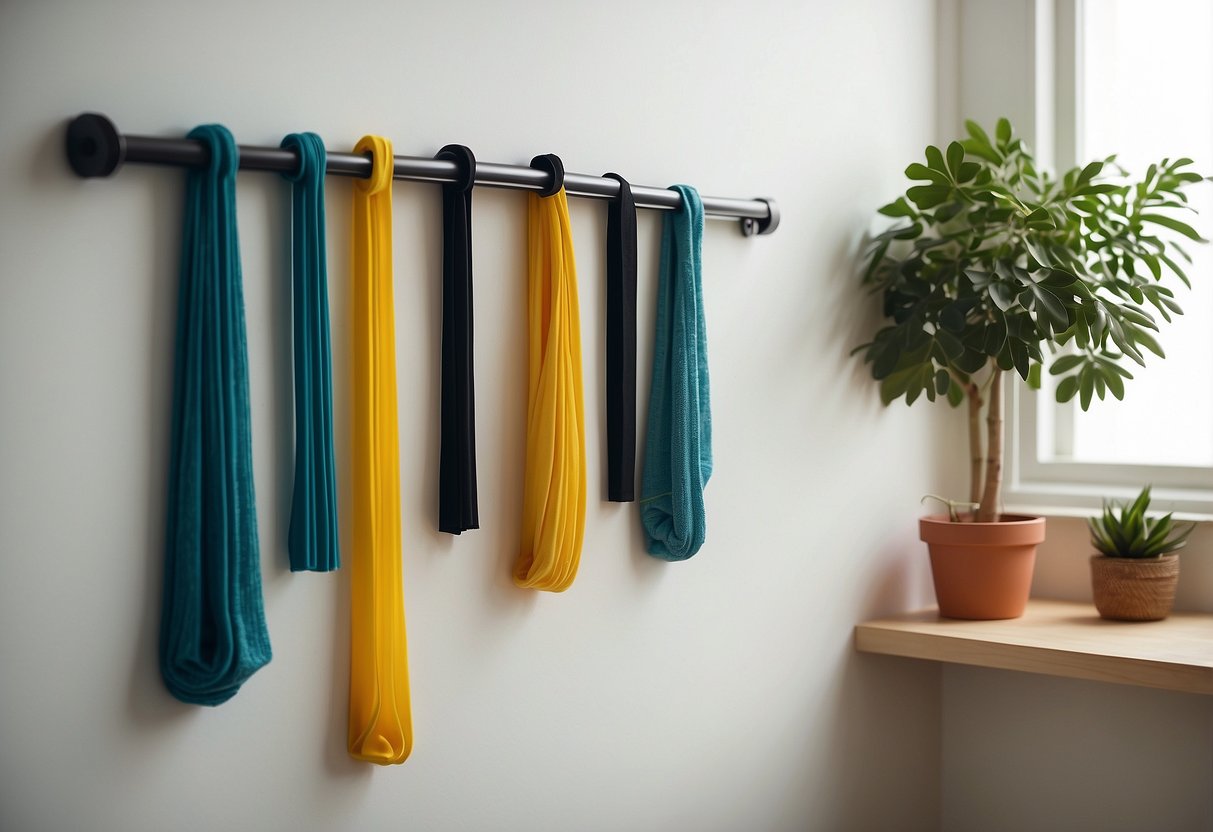 Wall-Mounted Resistance Bands hang on a clean, white wall. A small shelf below holds a water bottle and towel. The room is bright and airy with minimalistic decor