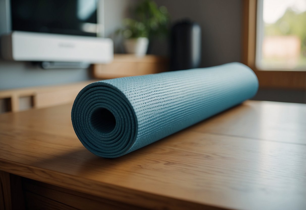 A compact yoga mat neatly rolled up in a corner of a cozy home gym, surrounded by minimalistic decor and space-saving storage solutions