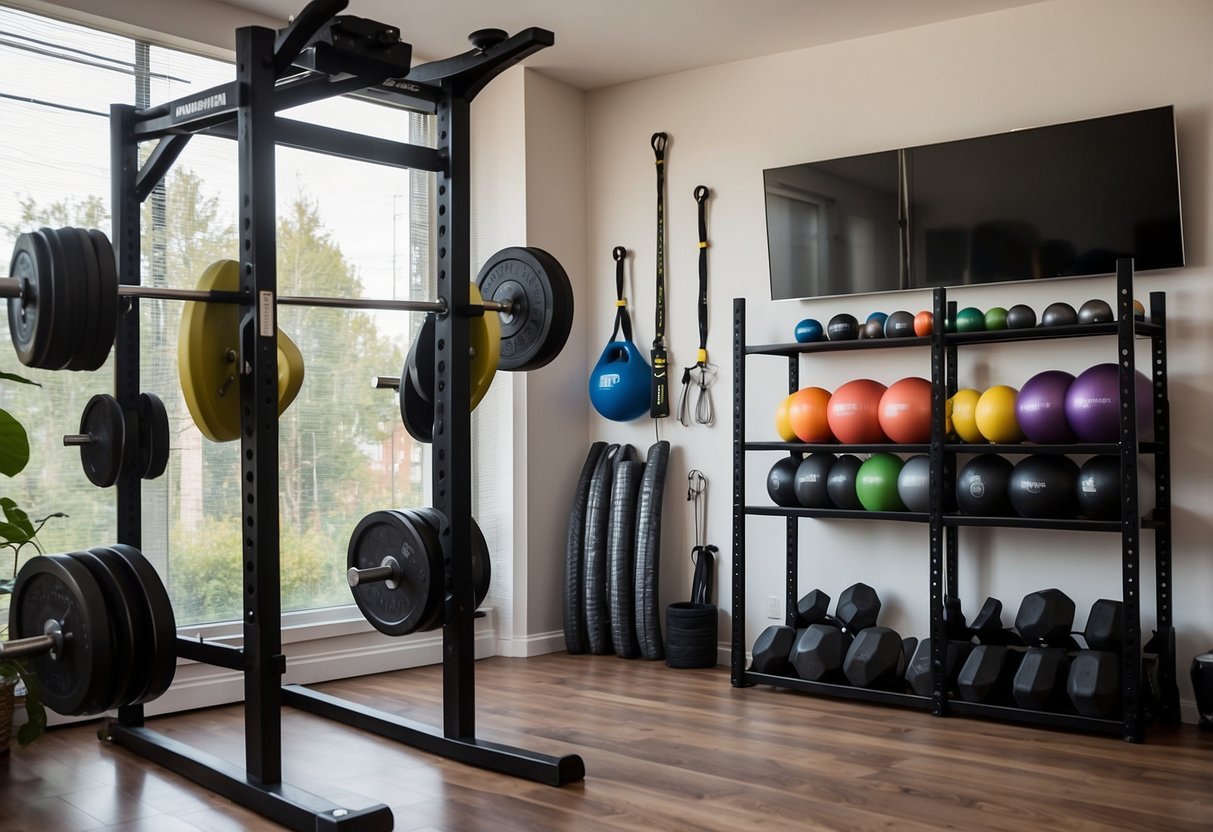 A multi-storage gym rack stands against a wall in a small home gym. Dumbbells, kettlebells, and resistance bands are neatly organized on the shelves