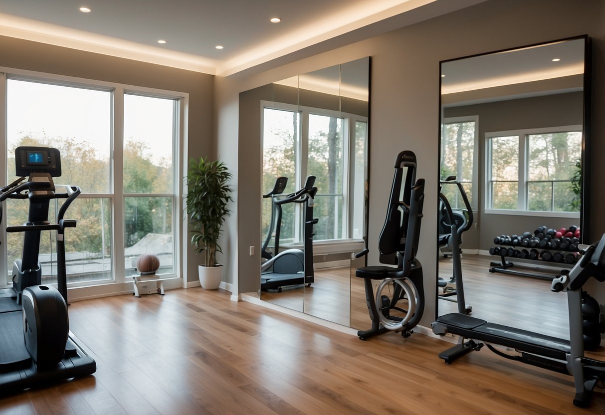 A full-length mirror reflects a small home gym with minimal decor, featuring clean lines and modern equipment