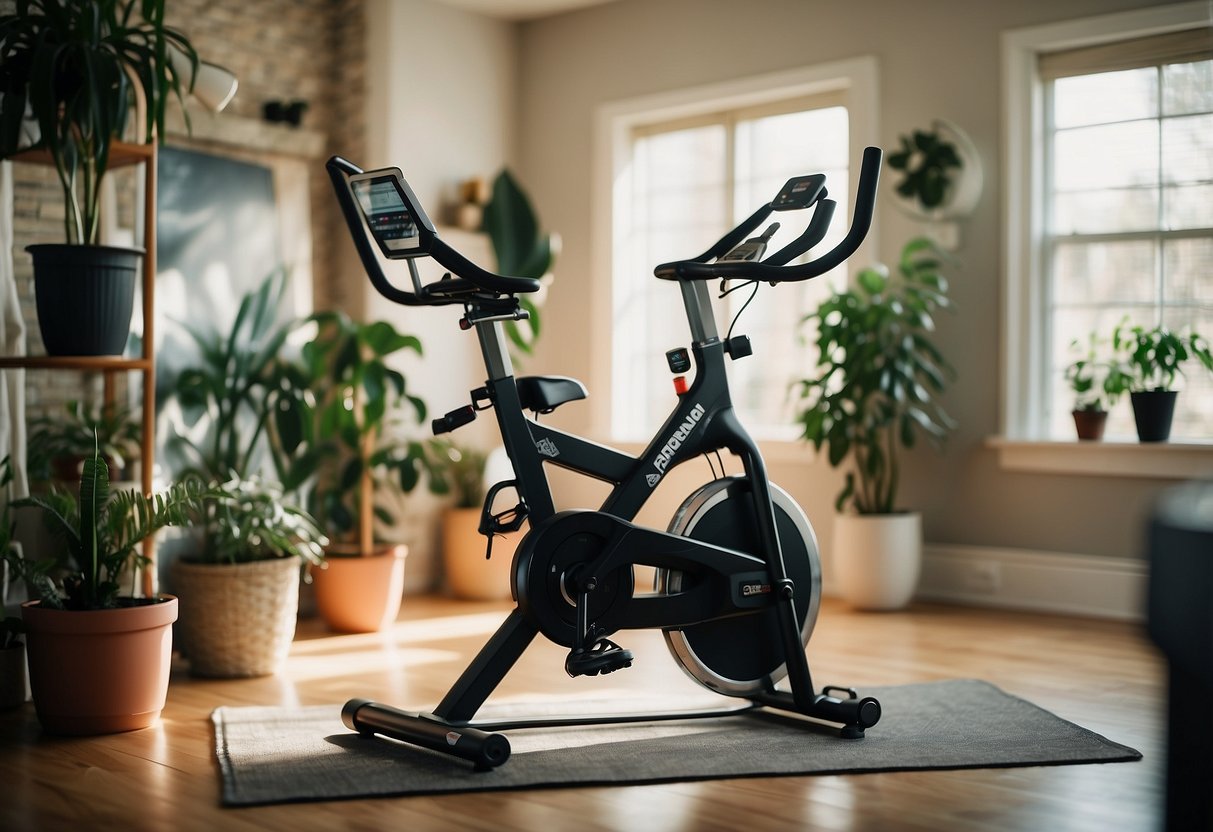 A compact stationary bike sits in a cozy home gym, surrounded by plants and motivational posters. The room is well-lit and inviting, with a clean and organized layout