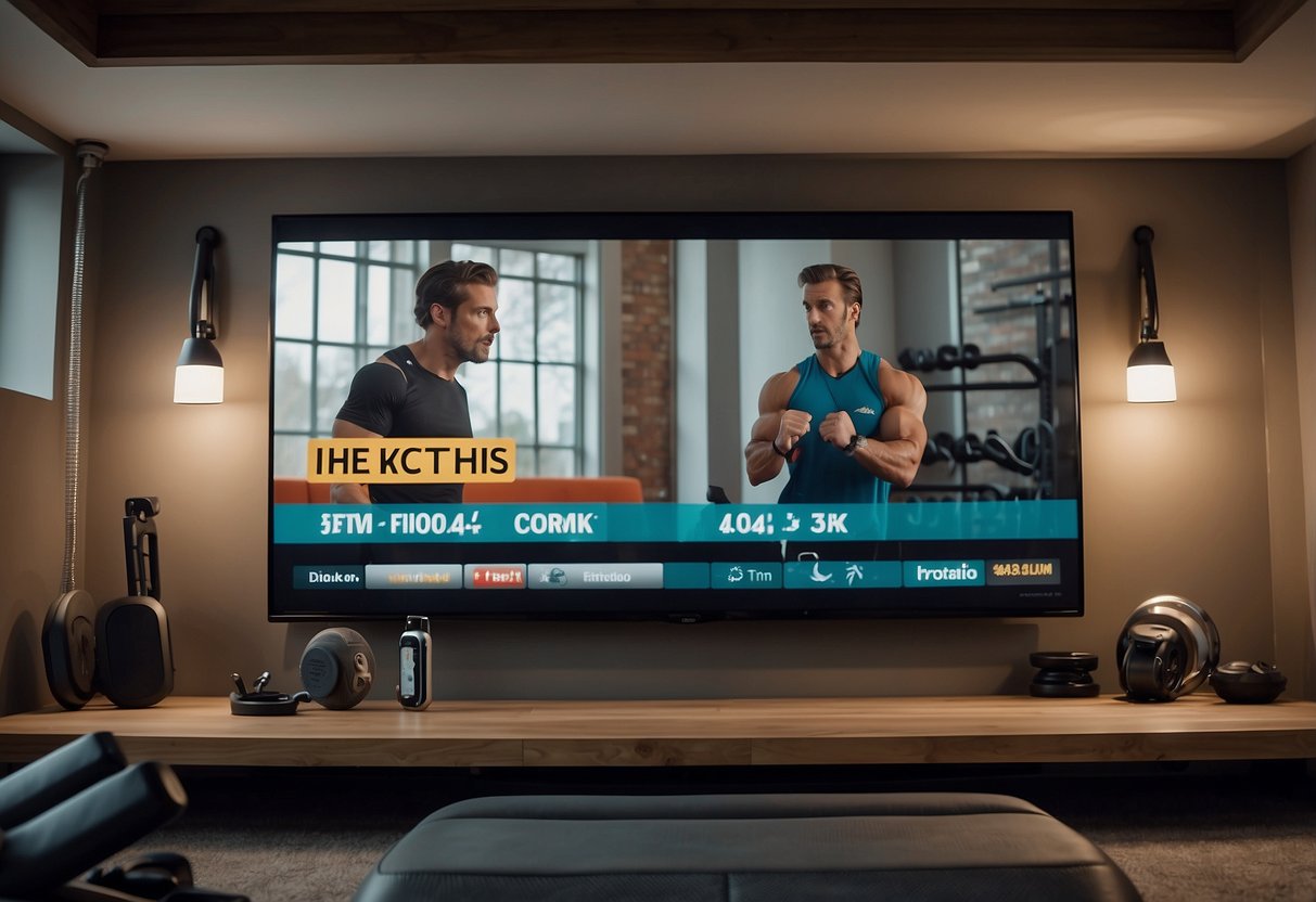 A wall-mounted TV displays workout videos in a small home gym, surrounded by motivational posters and fitness equipment