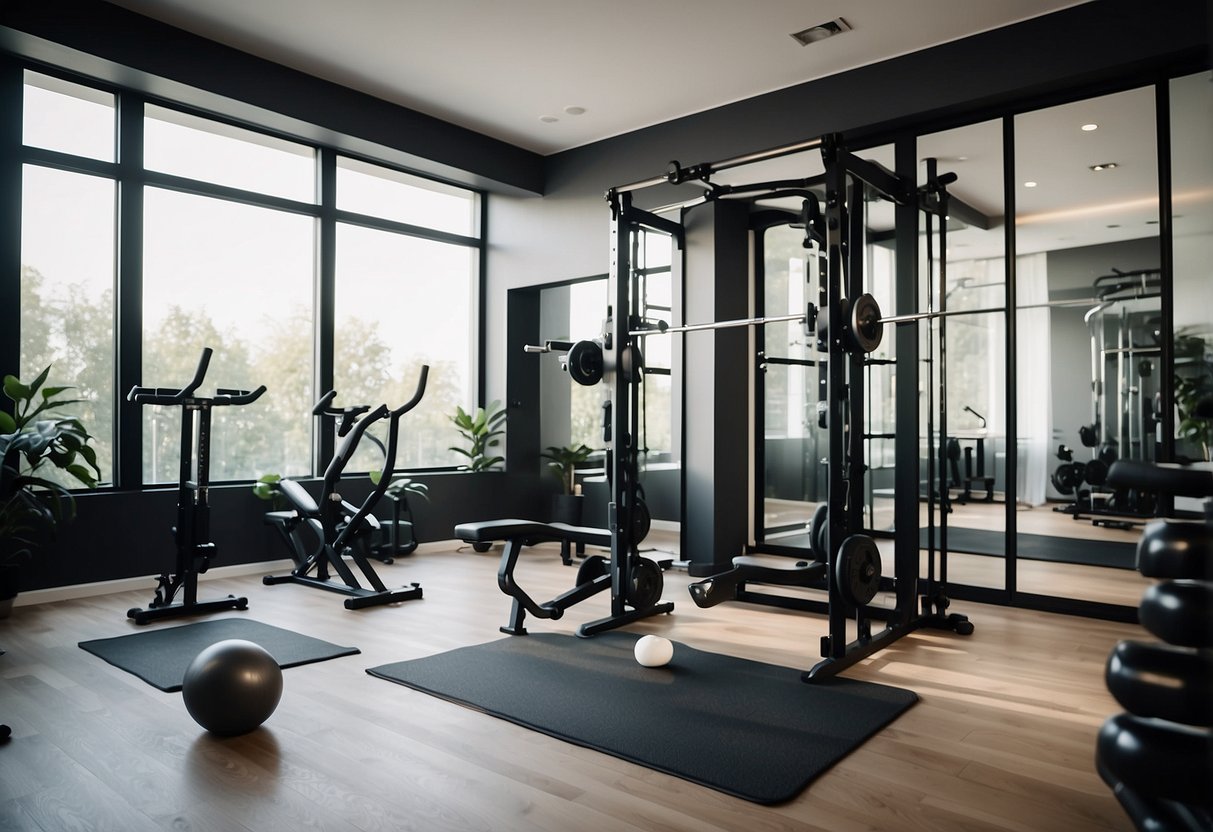 A modern home gym with sleek equipment, integrated technology, and minimalistic decor