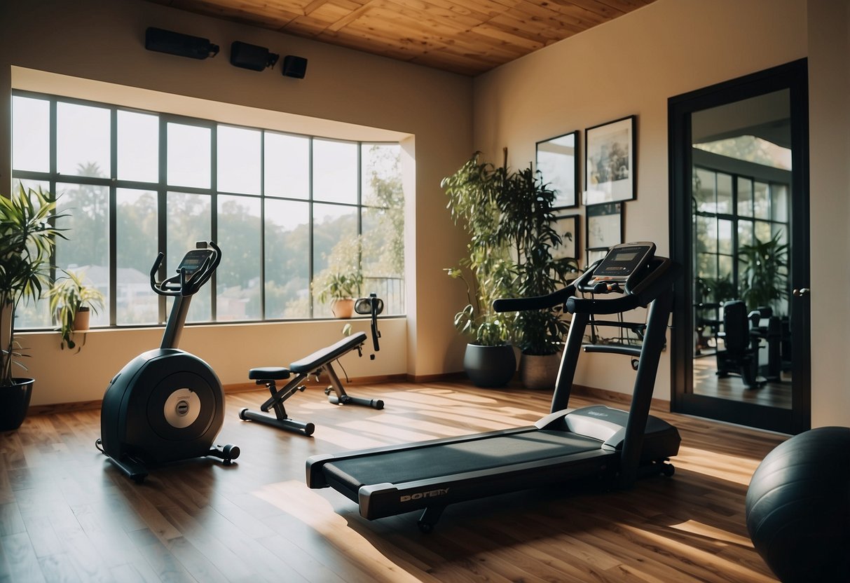 A well-lit home gym with motivational wall art, sleek equipment, and vibrant plant decor