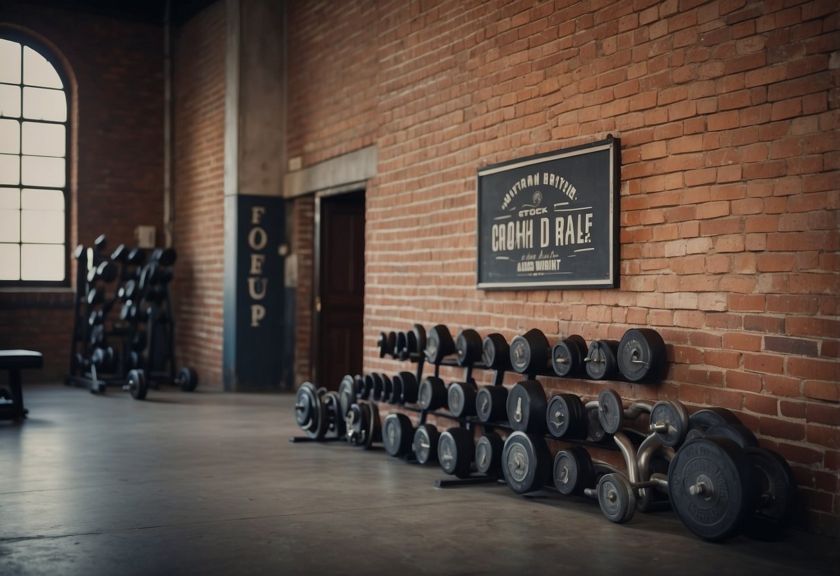 A vintage gym sign hangs on a brick wall, surrounded by old-school workout equipment and framed motivational quotes