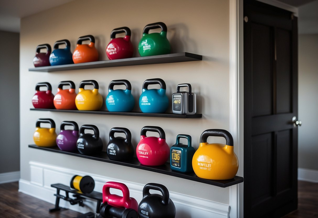 A wall-mounted display of colorful kettlebells in a well-lit home gym with motivational posters and sleek, modern decor