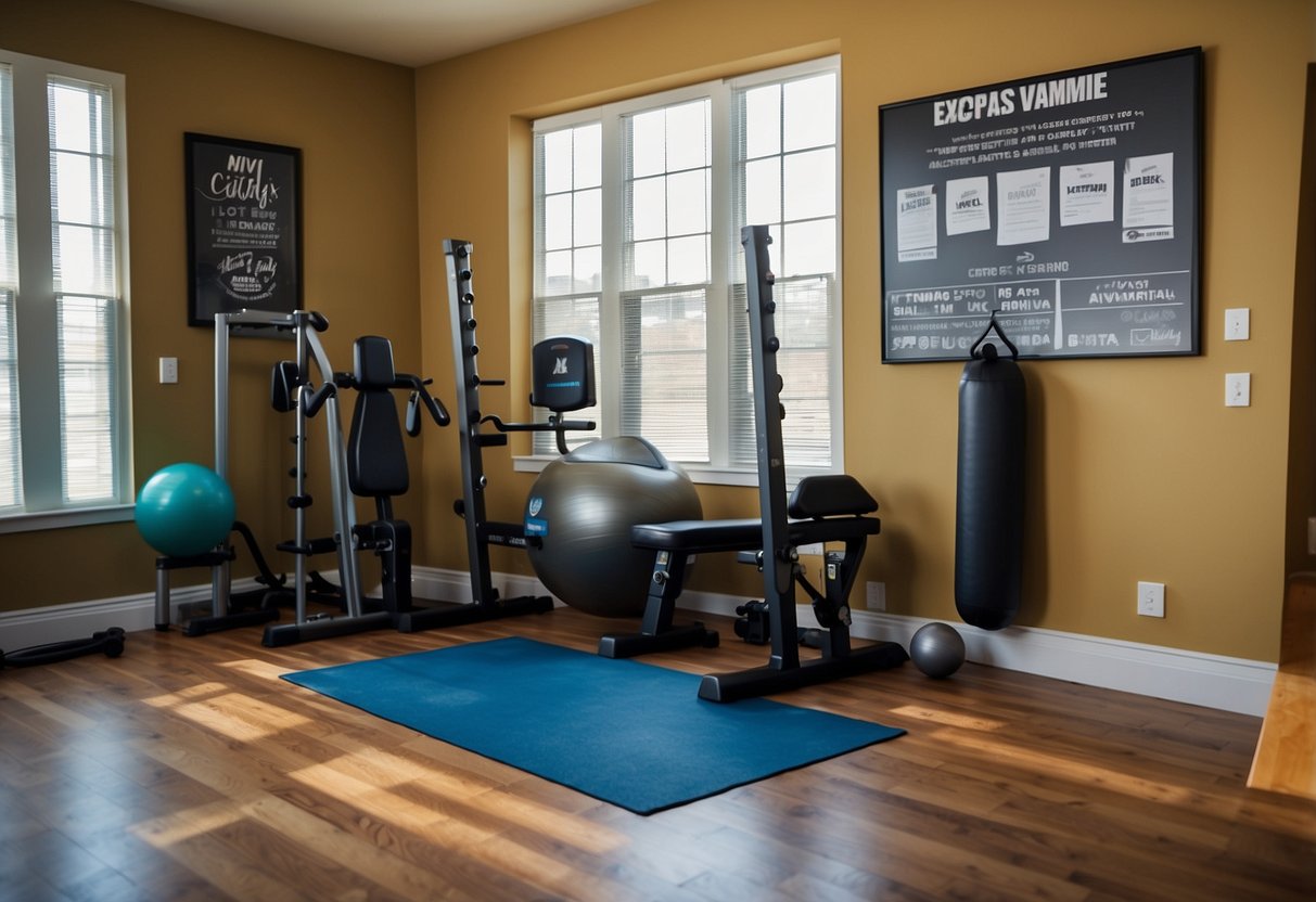 An exercise ball holder mounted on a wall in a home gym, surrounded by motivational posters and sleek workout equipment