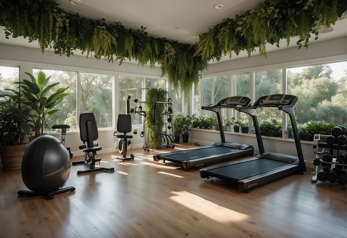 A home gym with lush green plants hanging from the ceiling and placed around the room, creating a natural and serene workout environment