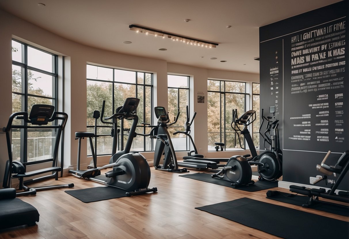 A home gym with motivational quotes on the walls, featuring personalized wall decals of fitness-related phrases and images. Bright and modern decor