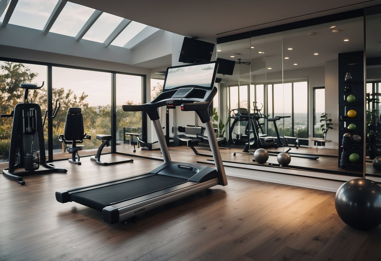 A modern home gym with sleek technology integrated into the decor. Wall-mounted tablets, smart mirrors, and interactive workout equipment create a futuristic and functional space