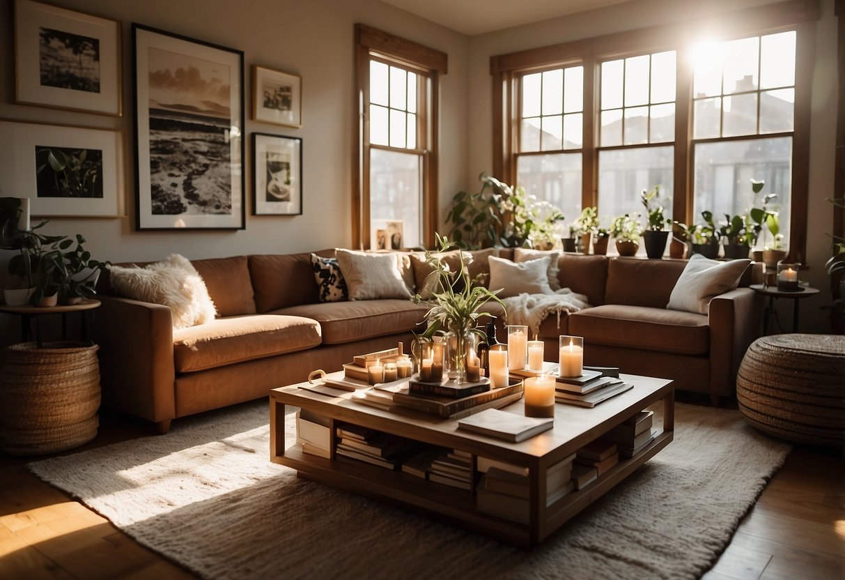 A cozy living room with a plush sofa, a coffee table adorned with candles and books, and a gallery wall featuring eclectic artwork. Sunlight streams in through the window, casting a warm glow over the space