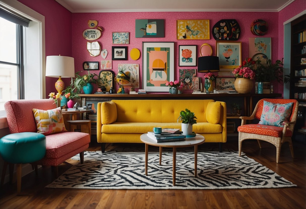 A vibrant living room with mismatched furniture, bold patterns, and quirky art. Bright colors and eclectic pieces create a fun and funky atmosphere