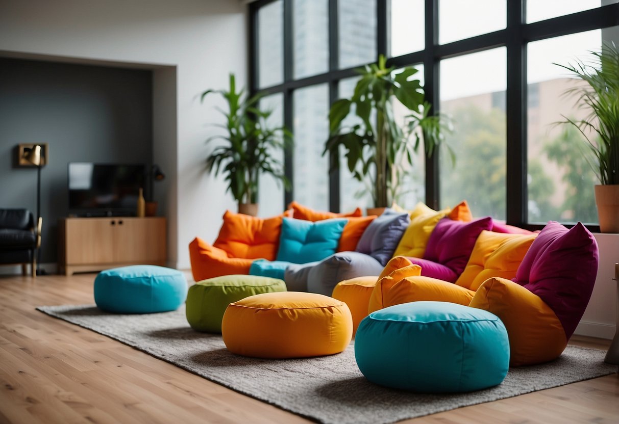 Vibrant bean bag chairs scattered in a modern living room, adding a pop of color to the funky home decor