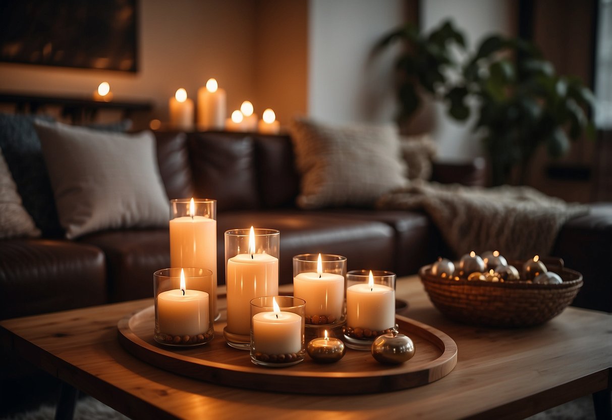 A cozy living room with a wooden coffee table adorned with various candles of different sizes and shapes, casting a warm and inviting glow