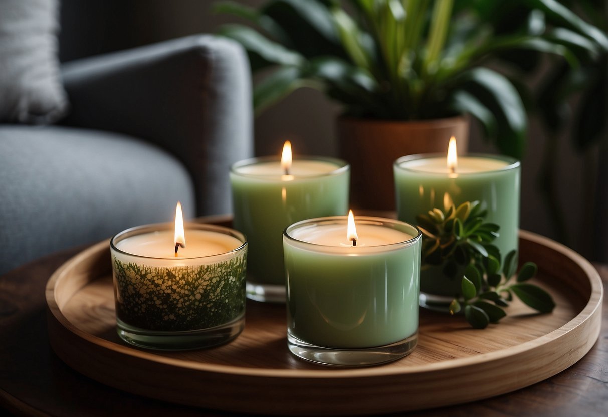 Three scented candles arranged on a wooden tray, surrounded by greenery and placed on a cozy living room coffee table