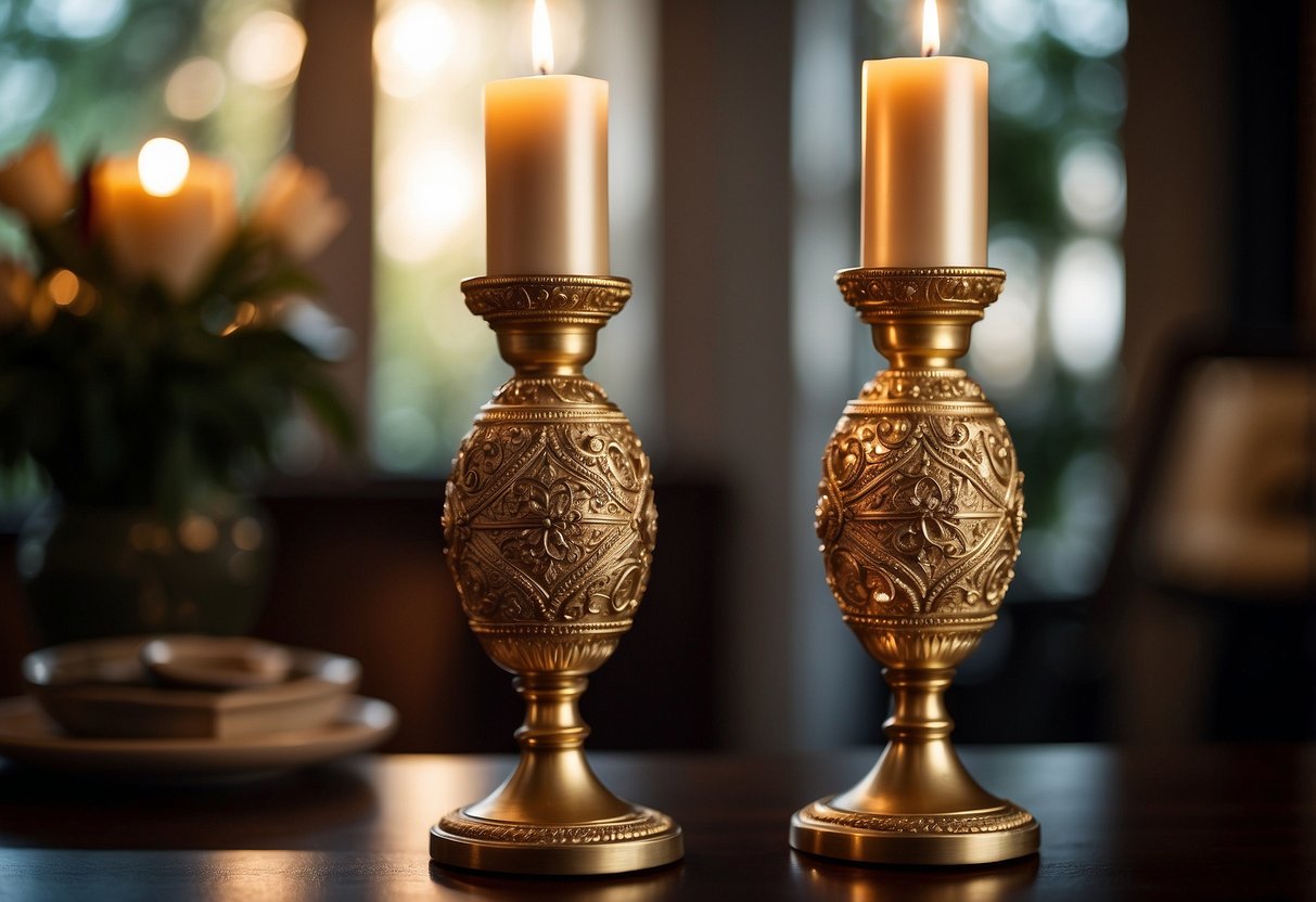 Two ornate candlestick holders adorned with intricate designs, holding tall, elegant candles, casting a warm, flickering glow in a cozy home setting