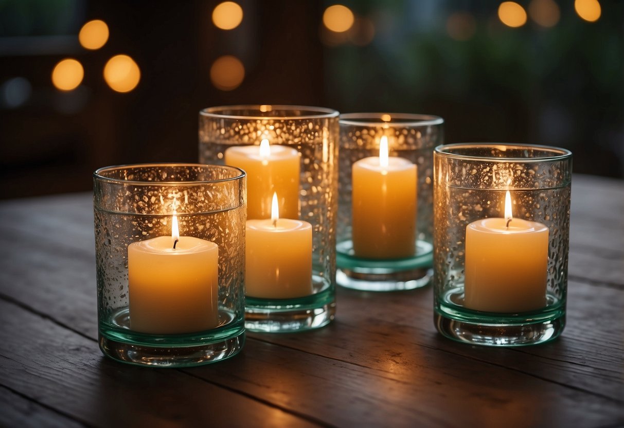 Glass hurricane candle holders sit on a wooden table, each with a lit candle inside. The warm glow illuminates the room, creating a cozy and inviting atmosphere